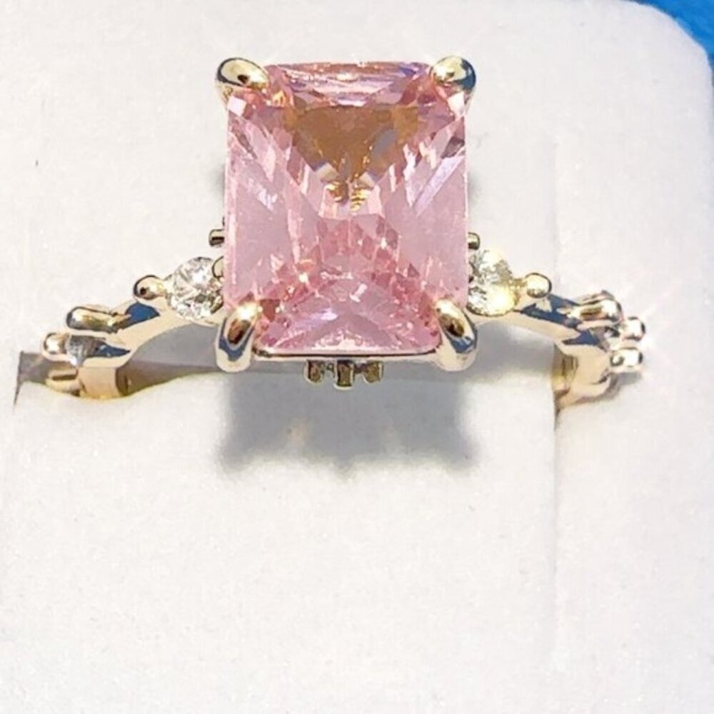 Princess Cut Pink CZ Ring Gold Plated Brass Size 7 - Picture 7 of 17